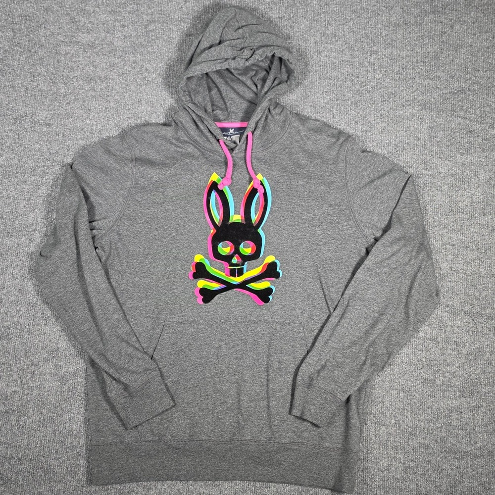 Psycho Bunny Holloway Pima Cotton Pullover Hoodie Gray Multicolor Skull
